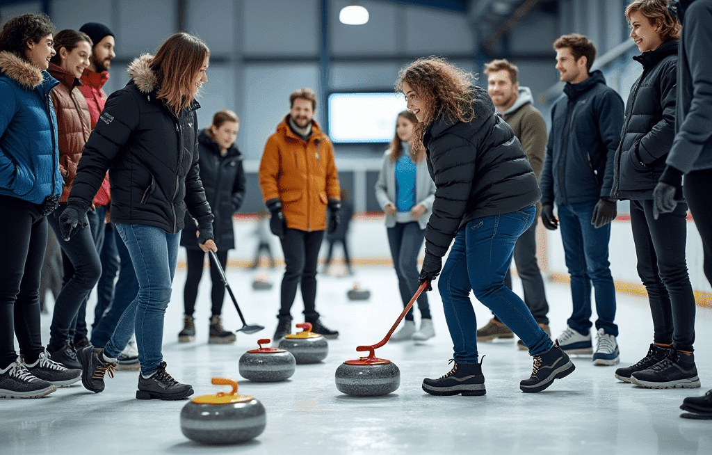 Collega’s genieten van een curling clinic Scheveningen op de ijsbaan van het Kurhaus tijdens een actief bedrijfsuitje