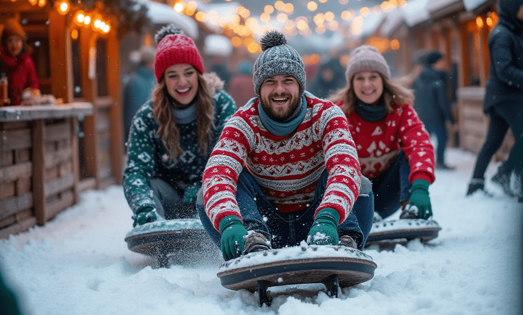 Groep collega’s geniet van een sfeervol bedrijfsuitje in Winter Wonderland Scheveningen, omringd door lichtjes en winterse decoratie.