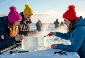 Collega’s werken geconcentreerd aan ijskunst tijdens een winterse workshop ijssculpturen Scheveningen als creatief bedrijfsuitje