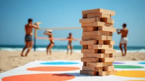 Collega’s spelen Jenga op het strand van Scheveningen tijdens een zonnige dag vol plezier en competitie tijdens het bedrijfsuitje Zeskamp